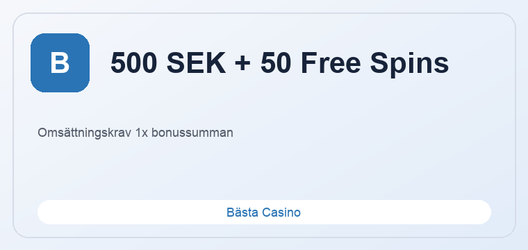 Spela för 500 SEK och få 50 Free Spins värda 250 SEK. Omsättningskrav 1x bonussumman. Kampanj