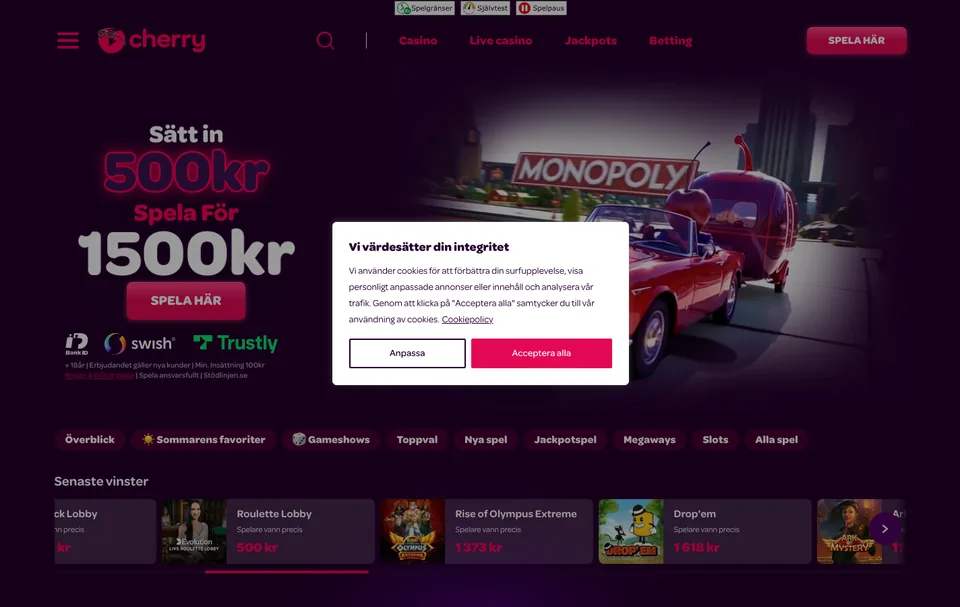 Skärmbild från Cherry Casinos officiella webbplats