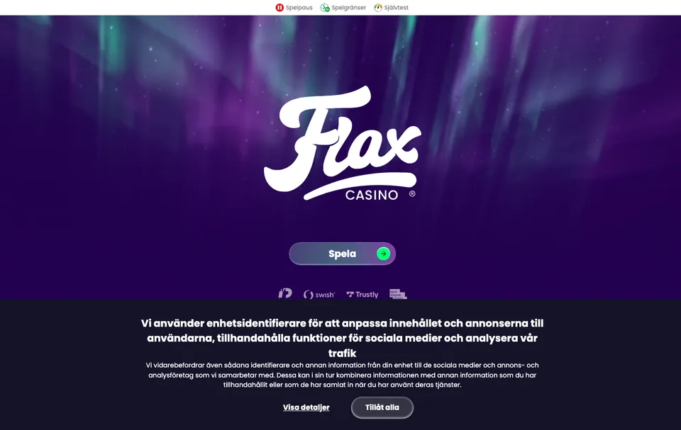 Skärmbild från Flax Casinos officiella webbplats